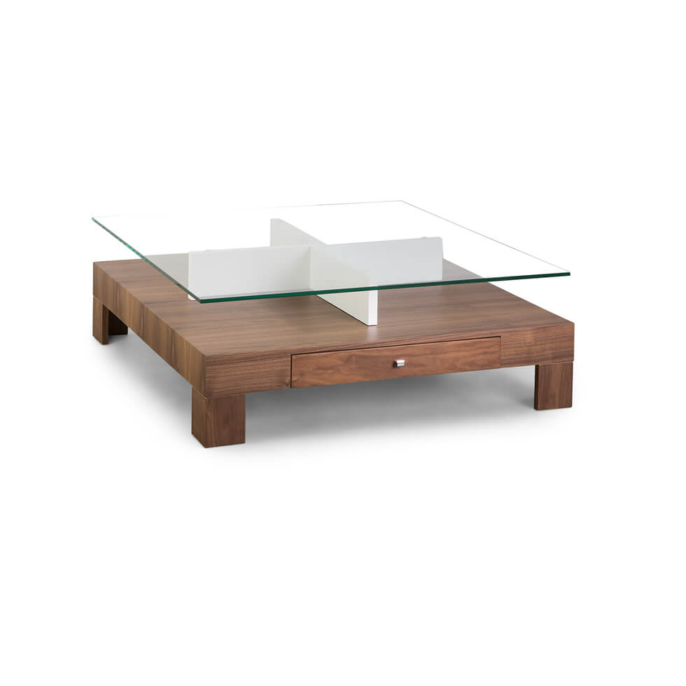 Mesa centro cuadrada moderna Drive chapa natural Mesa moderna de Centro Cuadrada DRIVE tapa cristal chapa natural nogal