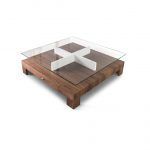 Mesa de Centro Cuadrada moderna DRIVE chapa natural y laca cajón y tapa cristal