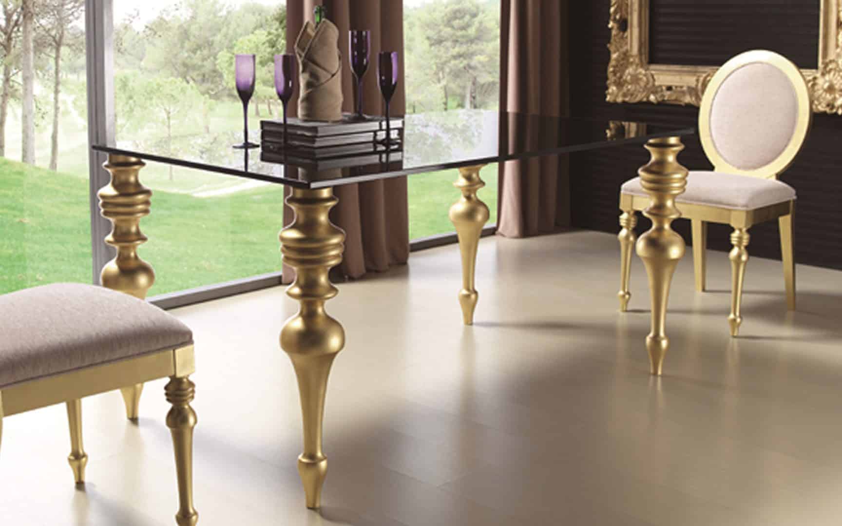 Mesa de Comedor Rectangular CALIPSO GLASS con tapa cristal y patas torneadas