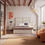 Ambiente Dormitorio SCARLET elegante con canapé de gran capacidad y mesitas de diseño contemporáneo.