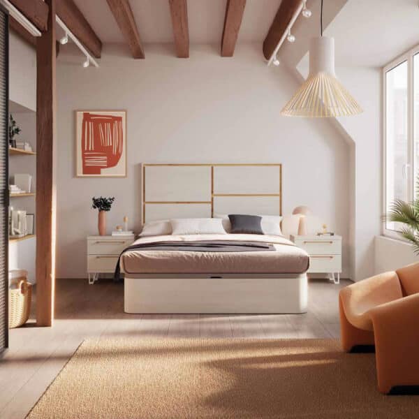 Ambiente Dormitorio SCARLET elegante con canapé de gran capacidad y mesitas de diseño contemporáneo.