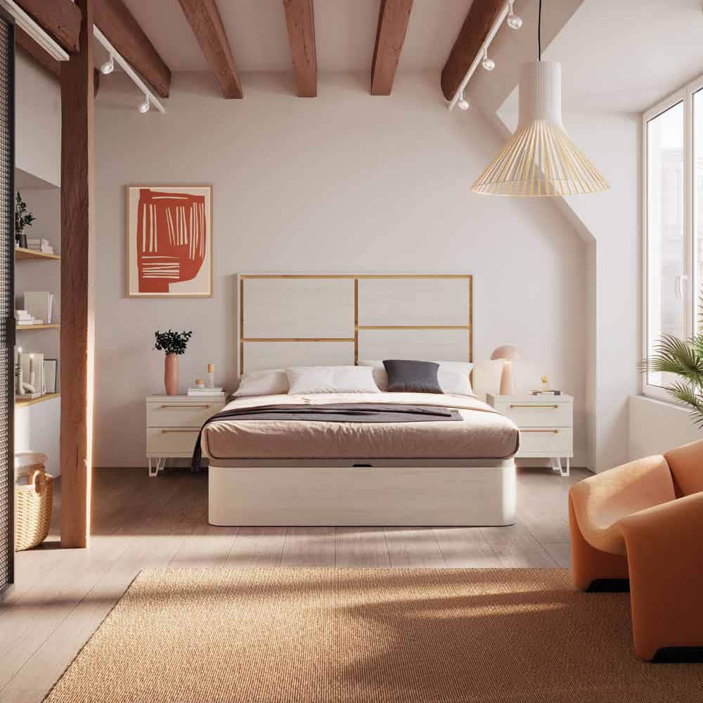 Ambiente Dormitorio SCARLET elegante con canapé de gran capacidad y mesitas de diseño contemporáneo.