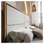 Detalle Dormitorio completo SCARLET con canapé transpirable, cabezal de madera y dos mesitas.