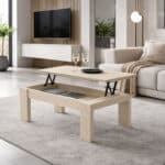 Ambiente con detalle Mesa de Centro Elevable HELVIA con mecanismo elevable y acabado lacado.