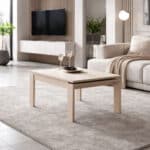 Ambiente Mesa HELVIA elevable lacada con diseño contemporáneo para salón.