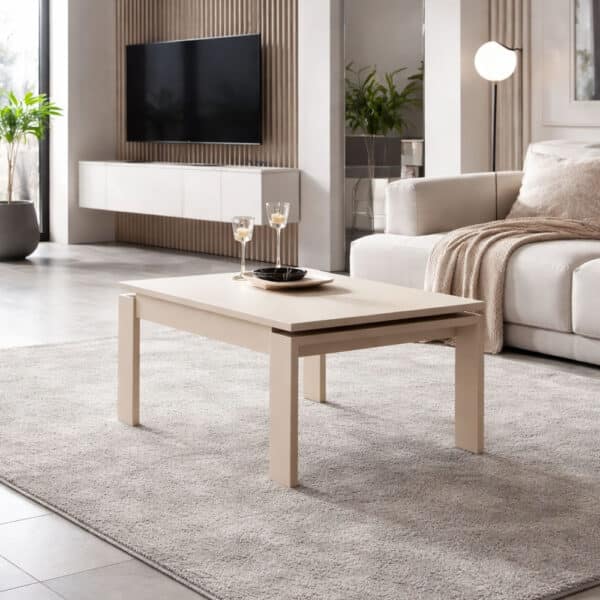 Ambiente Mesa HELVIA elevable lacada con diseño contemporáneo para salón.