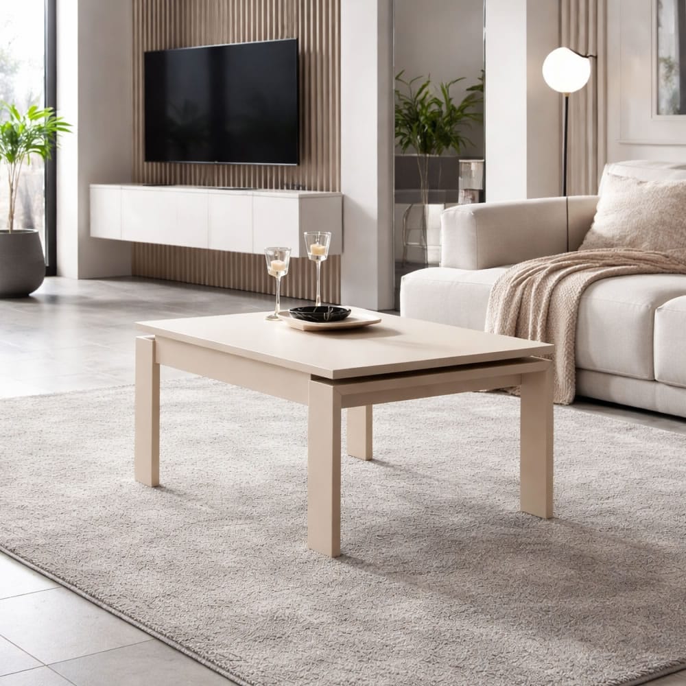 Ambiente Mesa HELVIA elevable lacada con diseño contemporáneo para salón.