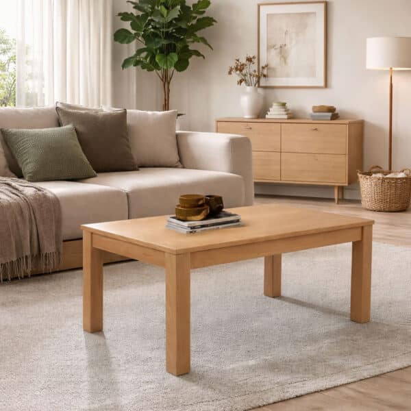 Ambiente Mesa de Centro Elevable OKAPI de madera de haya con almacenaje fabricada en España.