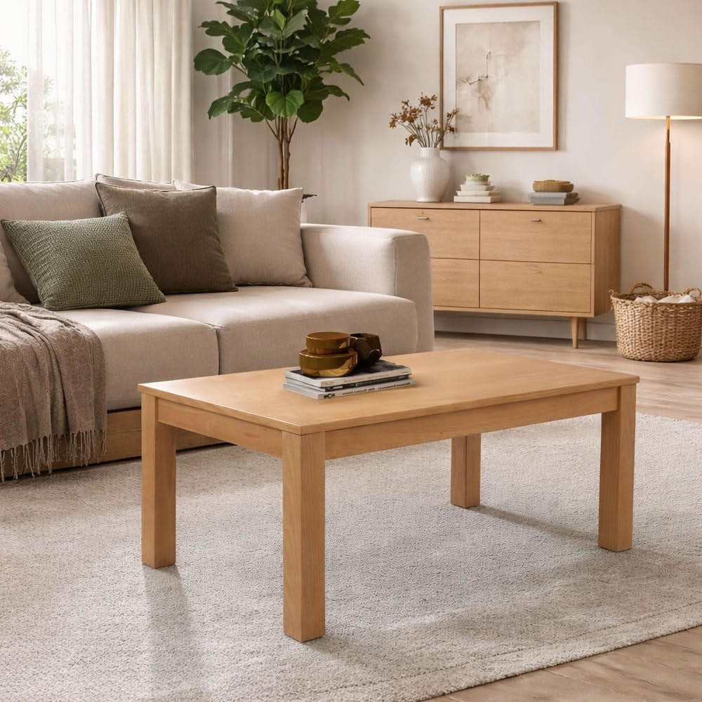 Ambiente Mesa de Centro Elevable OKAPI de madera de haya con almacenaje fabricada en España.