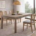 Ambiente con mesa SAVINA de Home & Relax extensible en chapa de haya, moderna.