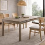 Ambiente mesa de comedor extensible SAVINA con acabado en chapa de haya. Personalizable.