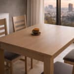 Detalle mesa SAVINA extensible de chapa de haya para comedor. Hogar, personalizable, fabricada en España.
