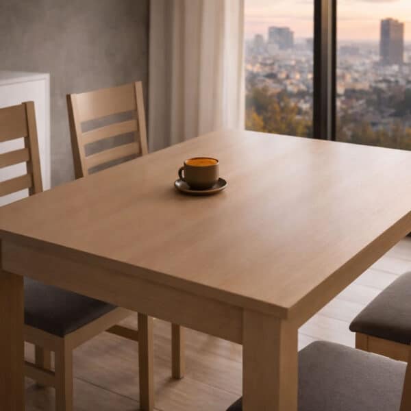Detalle mesa SAVINA extensible de chapa de haya para comedor. Hogar, personalizable, fabricada en España.