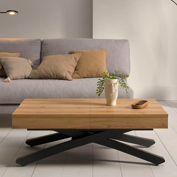 mesa convertible centro elevable comedor helena extensible electrica helena moderna chapa natural melamina laca acero