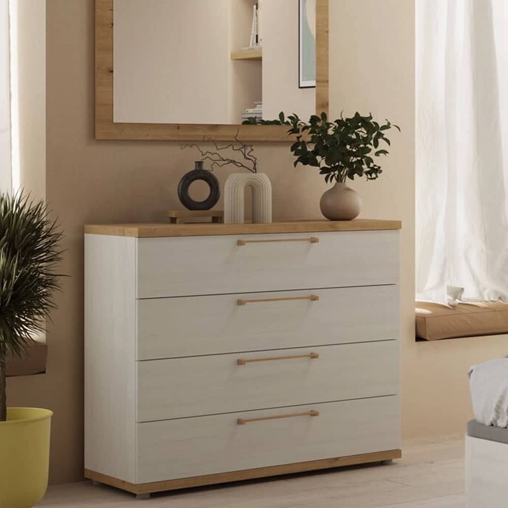 comoda cajones tirador metálico en moderno y estilo nordico para dormitorio