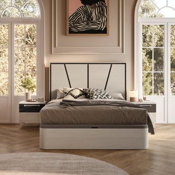 Andy, dormitorio moderno, canapé abatible, mesitas 2 cajones, fabricado España