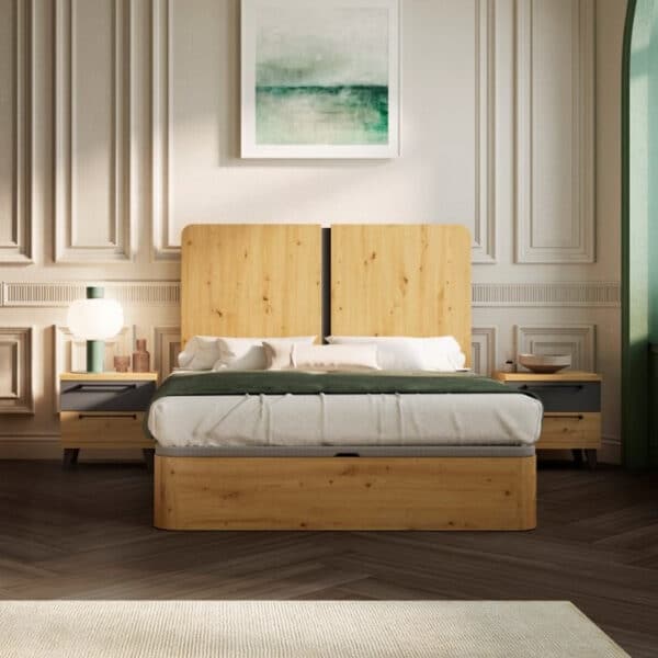 Ambiente dormitorio moderno Axiss madera, Ramis, canapé abatible, mesitas 2 cajones.