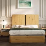 Ambiente dormitorio moderno Axiss madera, Ramis, canapé abatible, mesitas 2 cajones. Fabricado España