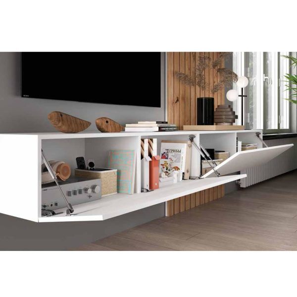 detalle mueble salon abatible laca flotante couple roble panel roble comedor