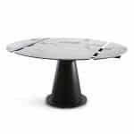 detalle mesa rectangular redonda giratoria porcelanico comedor acero