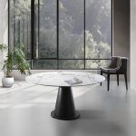 mesa rectangular redonda giratoria porcelanico comedor acero