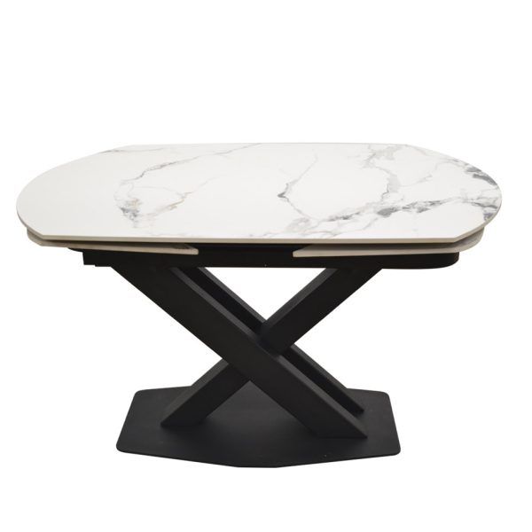 mesa cerrada roda giratoria extensibles porcelanico acero pata central salon
