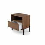 mesita noche moderna cleo cajon hueco push dormitorio nogal chapa natural laca acero
