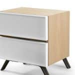 detalle mesita noche calista moderna chapa natural laca patas acero dormitorio descanso push
