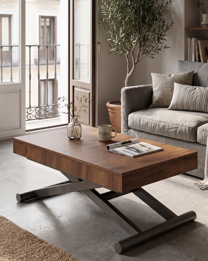 Mesa centro- comedor elevable, extensible Valeria, patas metálicas, moderna, bateria y pulsador