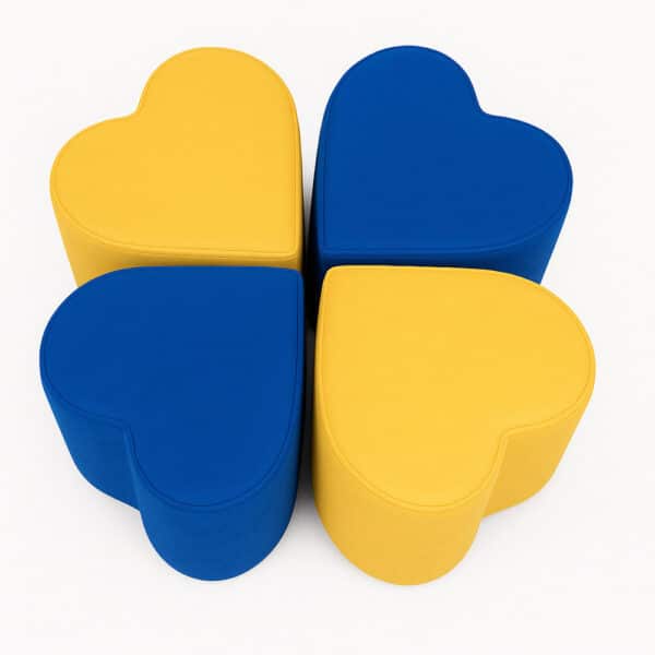 Puf Lubov Modular tapizado en azul y amarillo, diseño en forma de corazón, configurable por módulos