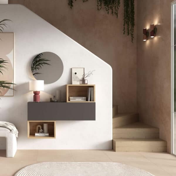 Aroa recibidor flotante, con almacenaje, espejo redondo, melamina personalizable