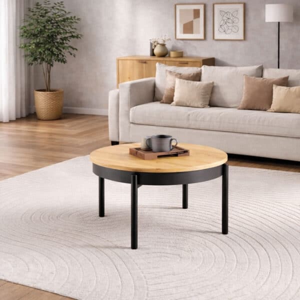 Mesa centro elevable Lugano, redonda, patas metálicas, tapa melamínica, personalizable