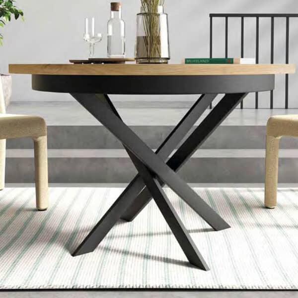 Mesa comedor redonda Neos extensible, patas metálicas, Ramis, tapa madera