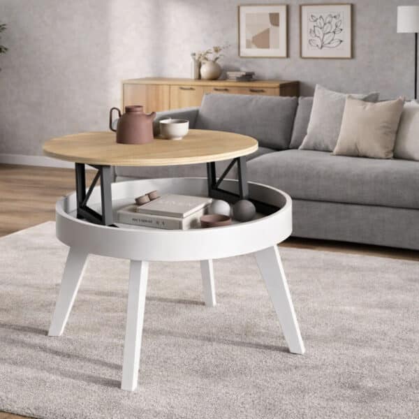 Detalle elevable mesa centro redonda Viola, personalizable.