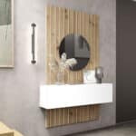 Recibidor moderno Rufo, con panel decorativo, espejo redondo y módulo abatible.
