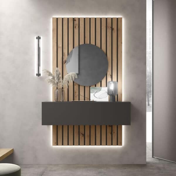 Recibidor Rufo moderno de 120 cm. almacenaje, colgado, panel decorativo e iluminación