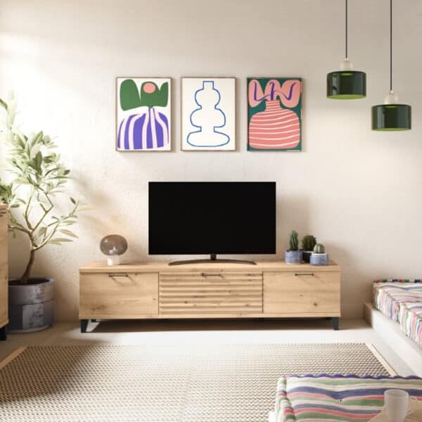 Mueble TV moderno Timor, patas inclinadas, almacenaje, personalizable. Fabricado España.