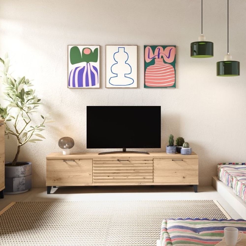 Mueble TV moderno Timor, patas inclinadas, almacenaje, personalizable. Fabricado España.