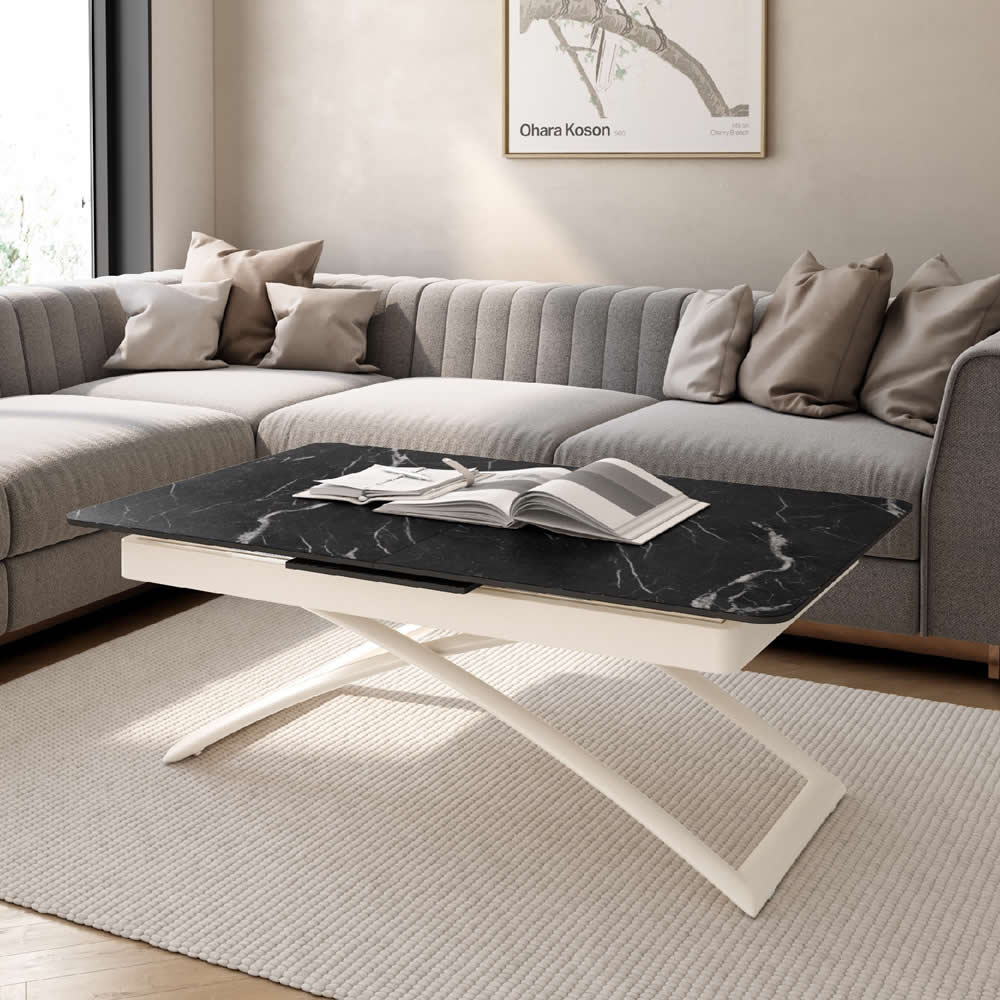 Mesa de Centro- Comedor Elevable y Extensible Multifunción tapa Porcelánico LENA